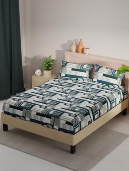 KOPA - Teal Geometric Micro Fabric Bedsheet with 2 Pillow Covers (Double)