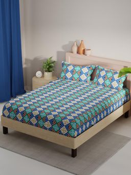 KOPA - Blue Geometric Micro Fabric Bedsheet with 2 Pillow Covers (Double)