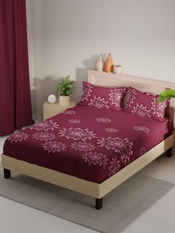 KOPA - Burgundy Floral Micro Fabric Bedsheet with 2 Pillow Covers (Double)