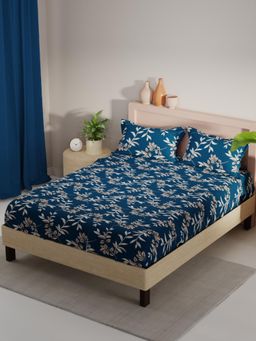 KOPA - Blue Floral Micro Fabric Bedsheet with 2 Pillow Covers (Double)