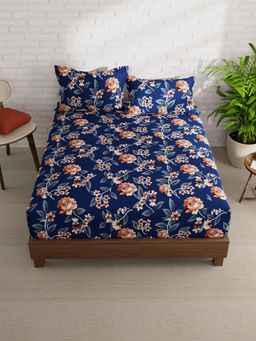 KOPA - Navy Blue Floral Micro Bedsheet with 2 Pillow Covers (Double)