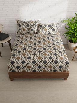 KOPA - Beige Geometric Micro Bedsheet with 2 Pillow Covers (Double)