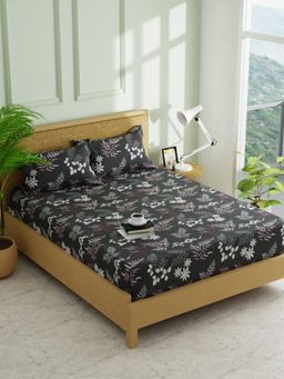 KOPA - Black Floral Micro Fabric -Fitted Bedsheet with 2 Pillow Covers (Double)