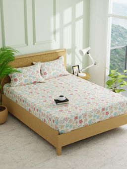 KOPA - White Floral Micro Fabric -Fitted Bedsheet with 2 Pillow Covers (Double)