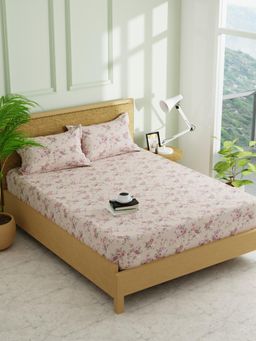 KOPA - Peach Floral Micro Fabric -Fitted Bedsheet with 2 Pillow Covers (Double)