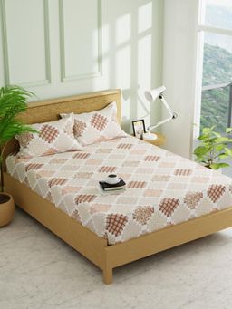 KOPA - Beige Floral Micro Fabric Fitted Bedsheet & 2 Pillow Covers (Double)