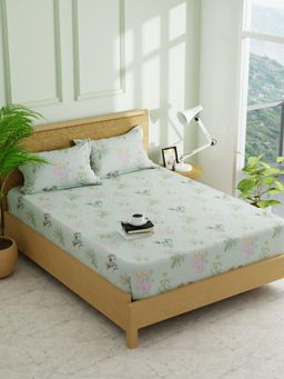 KOPA - Green Floral Micro Fabric -Fitted Bedsheet with 2 Pillow Covers (Double)