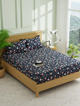 KOPA - Navy Blue Floral Micro Fabric -Fitted Bedsheet with 2 Pillow Covers (Double)