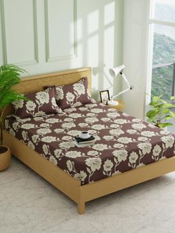 KOPA - Brown Floral Micro Fabric Fitted Bedsheet with 2 Pillow Covers (Double)