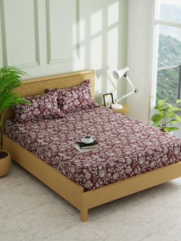KOPA - Brown Floral Micro Fabric -Fitted Bedsheet with 2 Pillow Covers (Double)