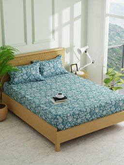 KOPA - Blue Floral Micro Fabric -Fitted Bedsheet with 2 Pillow Covers (Double)