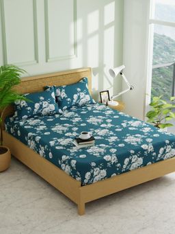 KOPA - Blue Floral Micro Fabric -Fitted Bedsheet with 2 Pillow Covers (Double)