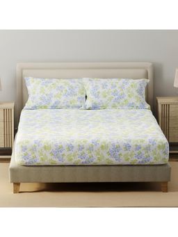 Layers - Home Easy Cotton 140 TC Blue & Green Floral Fitted Bedsheet with 2 Pillow Covers (King)