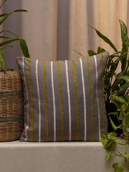 Zeba World - Grey Striped Embroidered Cotton Blend Cushion Cover (16 x 16 Inches)