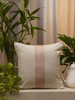Zeba World - Beige Embroidered Polycotton Cushion Cover (16 x 16 Inches)
