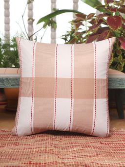 Zeba World - Beige Chawal Taka Checked Cream Poly Canvas Cushion Cover (16 x 16 Inches)