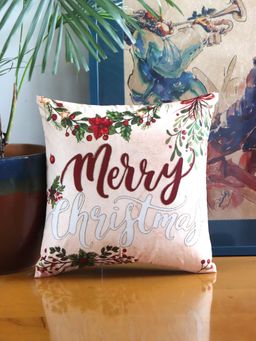 Zeba World - Beige Printed & Golden Embroidered Polycotton Cushion Cover (16 x 16 Inches)