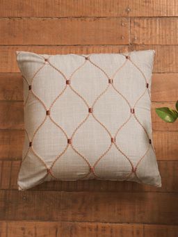 Zeba World - Beige Embroidered Reversible Cotton Cushion Cover (16 x 16 Inches)