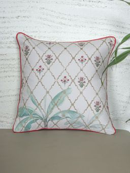 Zeba World - White Hand Embroidered Floral Printed Cotton Blend Cushion Cover