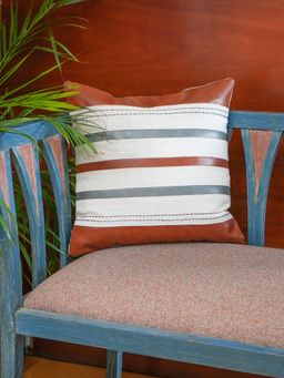 Zeba World - Beige Patchwork & Machine Thin Line Leather Cushion Cover (16 x 16 Inches)