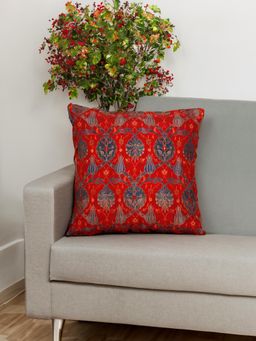 Zeba World - Red Floral Printed Silver Embroidered Polycotton Cushion Cover (16 x 16 Inches)