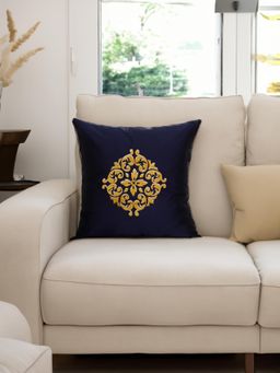 Zeba World - Navy Blue Motif Embroidered Polyester Cushion Cover (16 x 16 Inches)