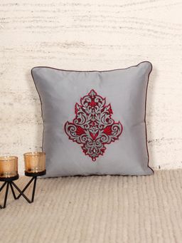 Zeba World - Silver Arabesque Motif Embroidered Polyester Cushion Cover (16 x 16 Inches)