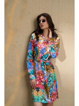 Loudless - Mermaid Printed Shirt Mini Dress with Belt for Women (Set of 2)