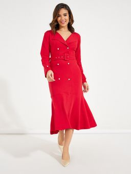 Styli - Women Red Solid Button Detail Belted Blazer Midi Dress with Belt (Set of 2)