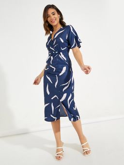Styli - Women Navy Blue Printed Mock Wrap Midi Dress with Flute Sleeve