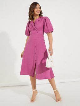 Styli - Women Purple Mock Wrap Notch Collar Midi Dress with Puff Sleeves