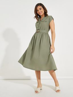 Styli - Women Olive Notch Collar A-Line Midi Dress with Belt (Set of 2)