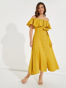 Styli - Women Mustard Frill Off Shoulder A-Line Maxi Dress with Tie Belt (Set of 2)