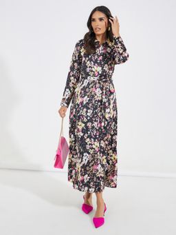 Styli - Women Multi Floral Print Long Sleeve Shirt Maxi Dress
