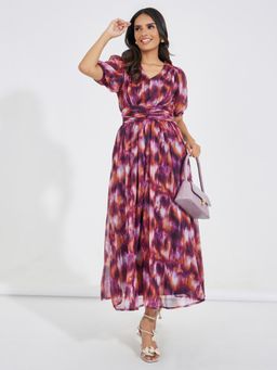 Styli - Women Multi Ombre Print V-Neck Puff Sleeves A-Line Maxi Dress