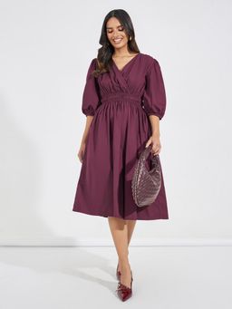 Styli - Women Purple Puff Sleeves A-Line V Neck Midi Dress