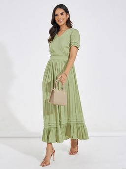 Styli - Women Olive V-Neck Short Sleeves A-Line Maxi Dress