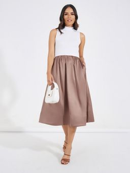 Styli - Women Brown White Sleeveless A-Line Midi Length Midi Dress with Turtle Neck