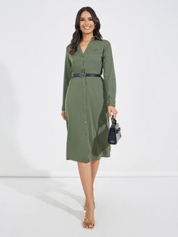 Styli - Women Olive Long Sleeve A-Line Shirt Midi Dress with Belt (Set of 2)