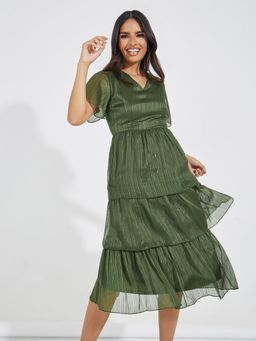Styli - Women Olive Tiered A-Line Midi Length Midi Dress