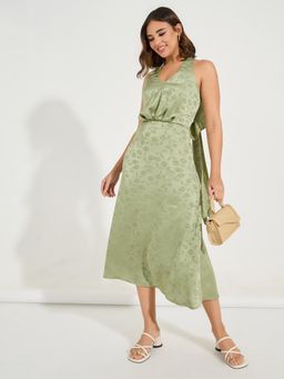 Styli - Women Green Self Design Halter Neck Sheath Midi Dress