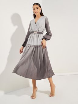 Styli - Women Grey Floral Balloon Sleeves Shift Midi Dress