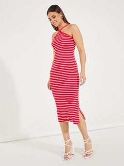 Styli - Women Red Striped Halter Neck Bodycon Midi Dress
