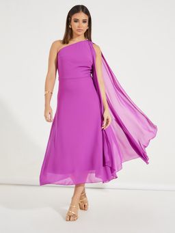 Styli - Women Magenta Solid One Shoulder Draped Sheath Midi Dress