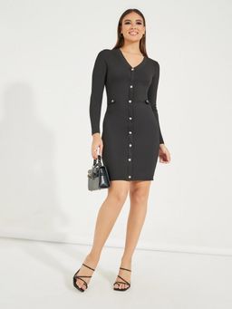 Styli - Women Black Solid V-Neck Bodycon Mini Dress