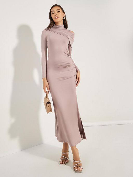 Buy Styli Women Pink Draped High Neck Maxi Dress with Cut-Out Detail (S)  Online