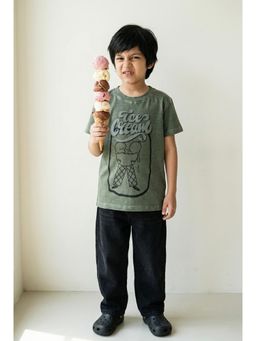 Tales & Stories - Boys Olive Printed Oversize Round Neck T-Shirt