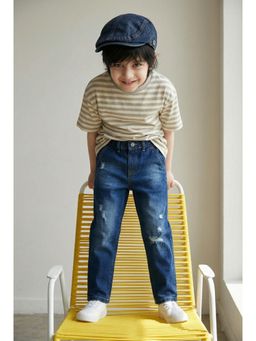Tales & Stories - Boys Dark Blue Tapered Fit Distressed Denim Jeans