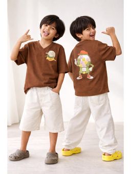 Tales & Stories - Boys Brown Printed Oversize V Neck T-Shirt