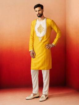 Vastramay - Men Yellow Embroidered Patchwork Kurta with Pyjama